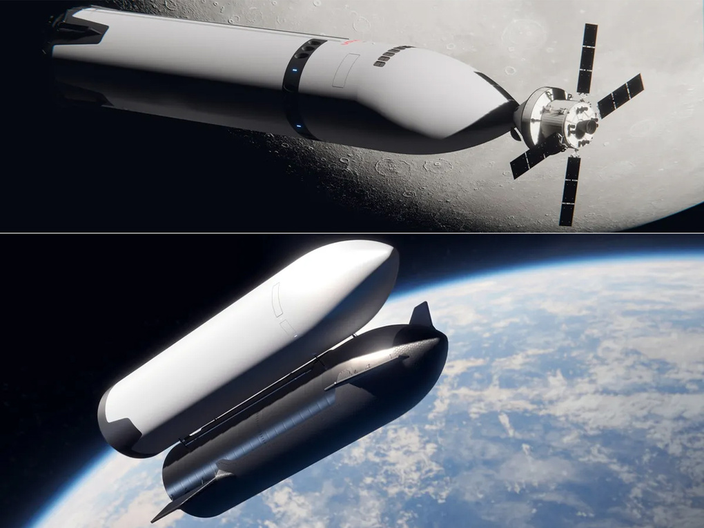 Mô phỏng HLS ghép nối phần mũi với tàu Orion (trên) và ghép nối phần bụng với phiên bản Starship thông thường (dưới). Ảnh: SpaceX