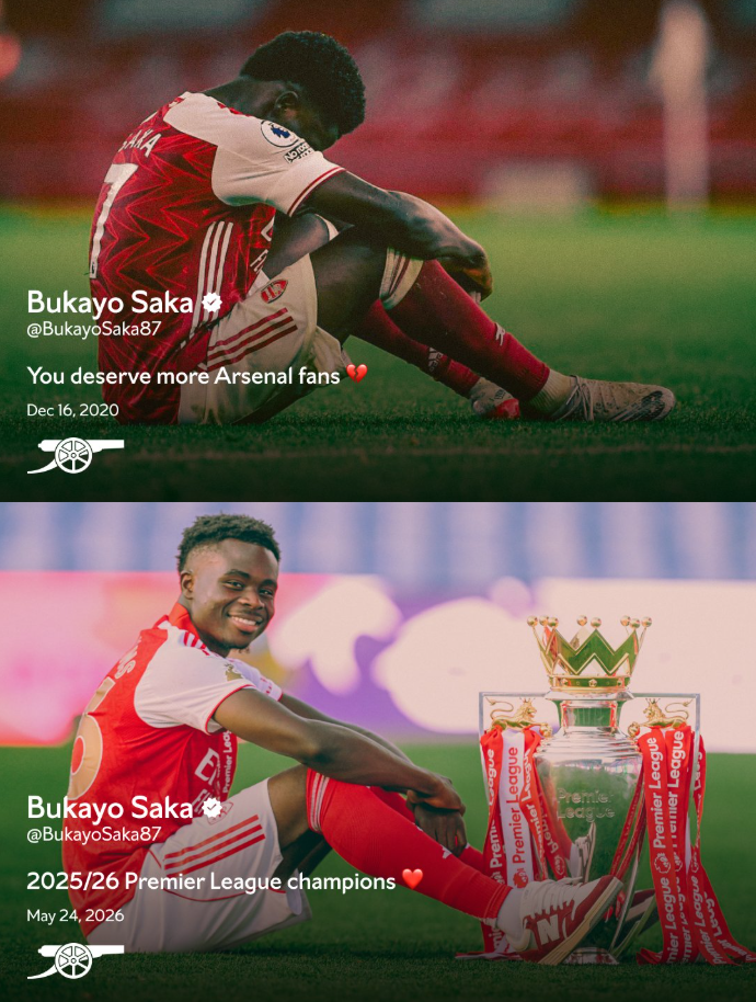Bukayo Saka gợi nhớ bài đăng gây chú ý trên mạng xã hội năm 2020 với dòng trạng thái "You deserve more" (Các bạn xứng đáng nhận nhiều hơn), được xem là lời nhắn gửi tới người hâm mộ Arsenal trong giai đoạn đội bóng sa sút. Nhưng lần này, tiền đạo người Anh đã có thể tươi cười và ngồi cạnh chiếc Cup. Chia sẻ với huyền thoại Ian Wright trên Sky Sports, Saka thừa nhận khi đó anh từng rơi vào trạng thái thất vọng vì Arsenal đánh mất vị thế vốn có. "Khi ấy tôi ở trong giai đoạn rất tồi tệ. Tôi hiểu những gì các thế hệ trước đã làm cho CLB và Arsenal từng ở vị trí nào trong quá khứ. Nhưng ở thời điểm đó, chúng tôi quá xa đẳng cấp mà tôi tin Arsenal phải có", tuyển thủ Anh nói. Saka cho biết anh chịu nhiều áp lực từ những lời chế giễu nhắm vào Arsenal trên mạng xã hội và trong cuộc sống thường ngày. "Tôi biết mọi người nói gì về Arsenal, cách họ cười nhạo chúng tôi. Khi ấy tôi chỉ muốn đăng điều mình thực sự cảm thấy", cầu thủ 24 tuổi chia sẻ. Khép lại cuộc phỏng vấn, Saka gửi thông điệp ngắn gọn nhưng đầy tự hào sau chức vô địch Ngoại hạng Anh đầu tiên trong sự nghiệp: "Giờ thì mọi chuyện đã khác. Không còn trò đùa nào nữa. Đây là thời của chúng tôi".