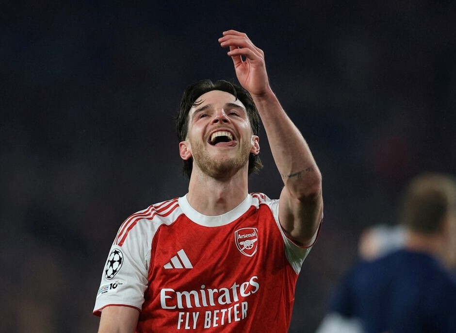 Declan Rice vui mừng sau trận Arsenal thắng Atletico lượt về bán kết Champions League trên sân Emirates, London, Anh ngày 5/5/2026. Ảnh: Reuters