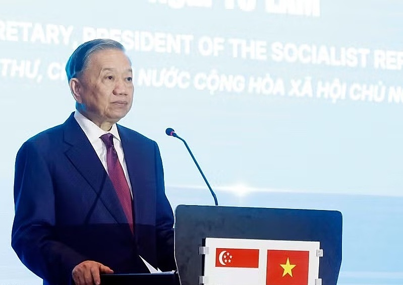 Tổng Bí thư, Chủ tịch nước Tô Lâm phát biểu tại Diễn đàn Kết nối công nghệ Việt Nam - Singapore. Ảnh: TTXVN