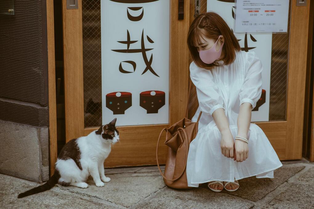 Du khách chụp ảnh cùng mèo trước một cửa hàng ở Nhật Bản. Ảnh: Pexels