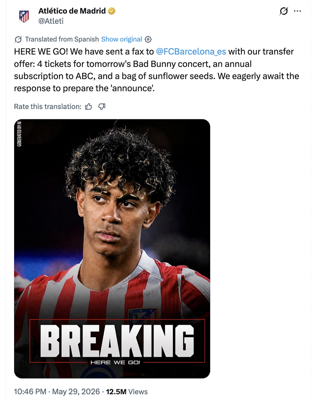 Bài đăng của Atletico về Yamal. Ảnh: chụp màn hình