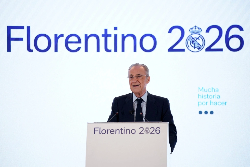 Florentino Perez phát biểu trong buổi ăn mừng chiến thắng cuộc bầu cử Chủ tịch Real Madrid tại khách sạn Eurobuilding, Madrid, Tây Ban Nha ngày 8/6/2026. Ảnh:Reuters