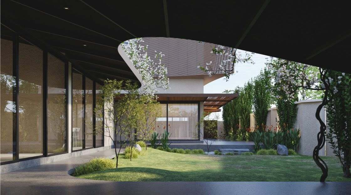 Phối cảnh mặt tiền nhà cựu thành viên nhóm AC&M. Công trình thiết kế theo phong cách farm house, gần gũi thiên nhiên, có nhiều không gian nghỉ ngơi cho từng thành viên trong gia đình. Hoàng Bách trồng cây, hoa và cỏ xung quanh nhà tạo mảng xanh.