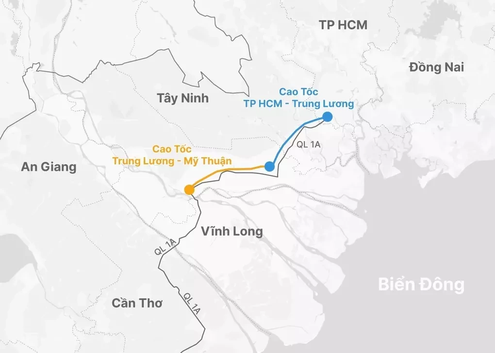 Hướng tuyến cao tốc TP HCM - Trung Lương - Mỹ Thuận. Đồ họa: Hoàng Thanh
