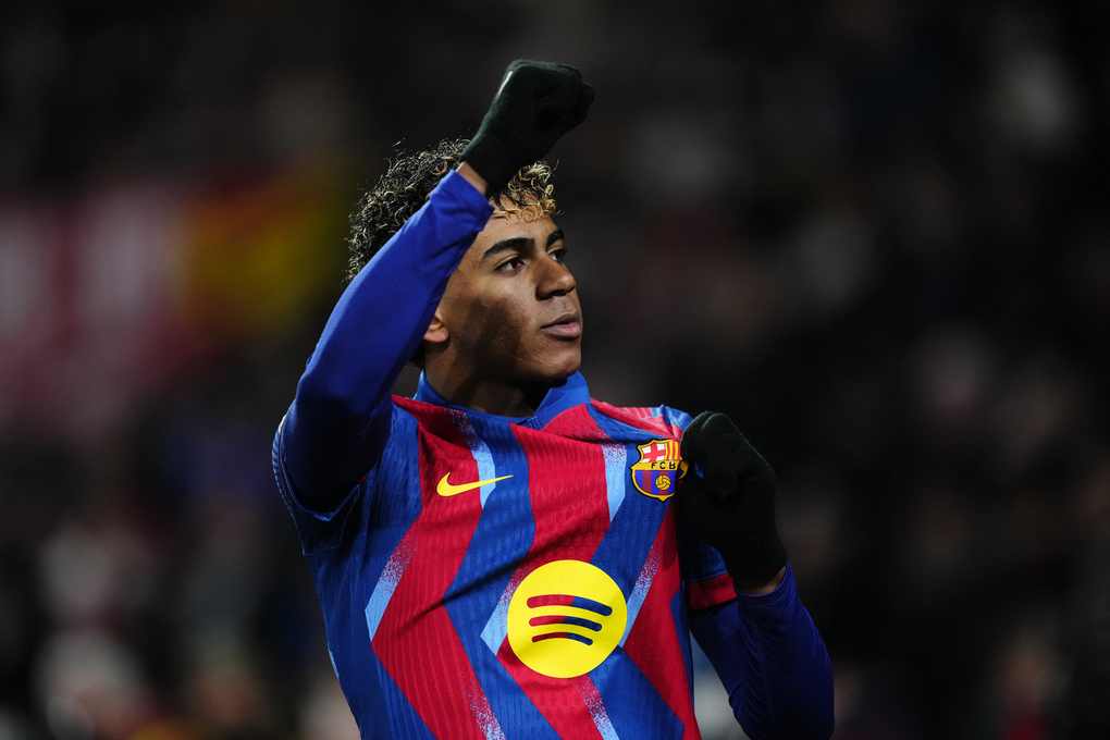 Lamine Yamal mừng bàn mở tỷ số trận Barca thắng chủ nhà Albacete 2-1 ở tứ kết Cup Nhà Vua Tây Ban Nha ngày 3/2/2026 trên sân Carlos Belmonte. Ảnh: AFP