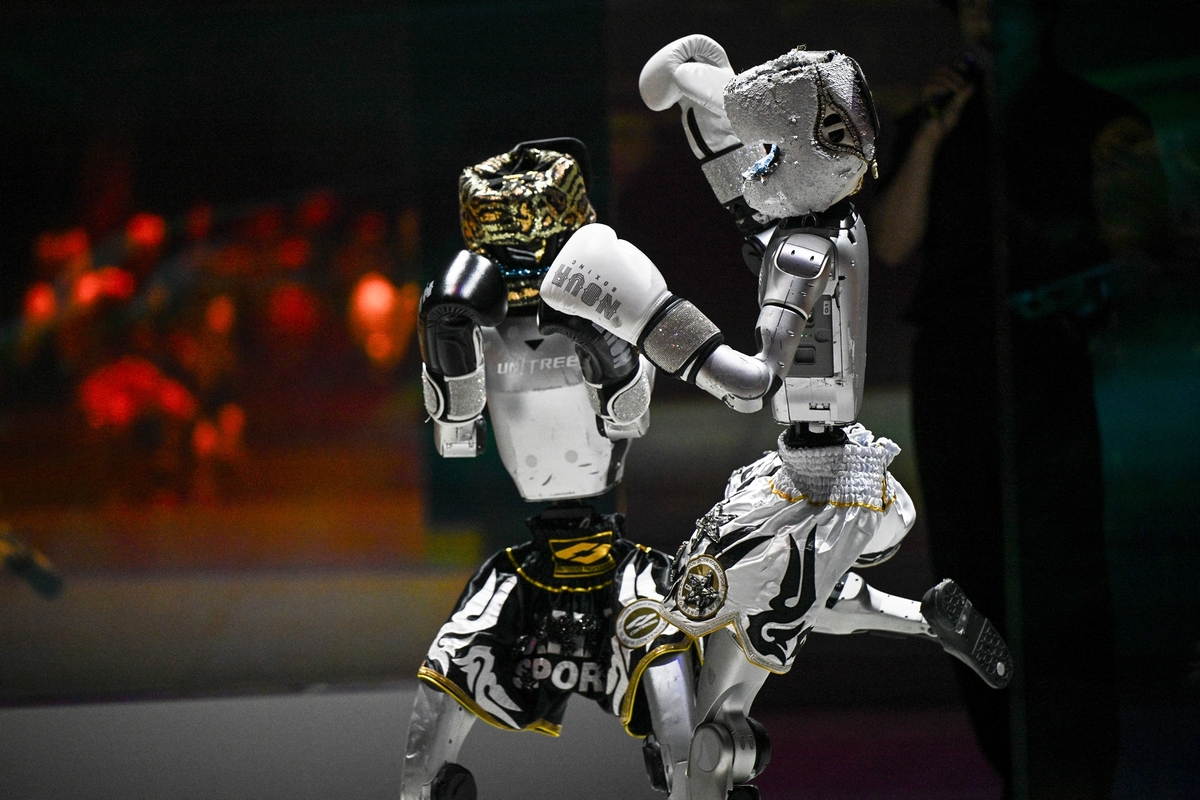 Hai robot trình diễn quần đùi boxing. Không chỉ catwalk, chúng còn thi đấm bốc, tạo kịch tính trên sân khấu. Ảnh: AFP