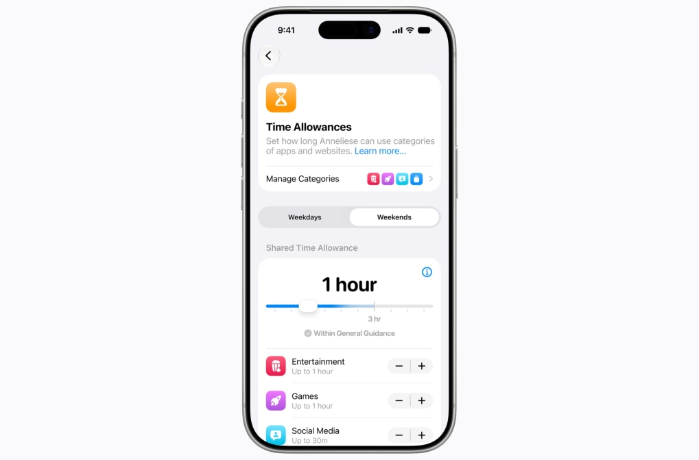 Time Allowances giúp thiết đặt thời gian sử dụng cho trẻ. Ảnh: Apple