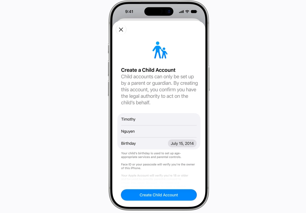 Giao diện lập tài khoản cho trẻ em của Apple. Ảnh: Apple