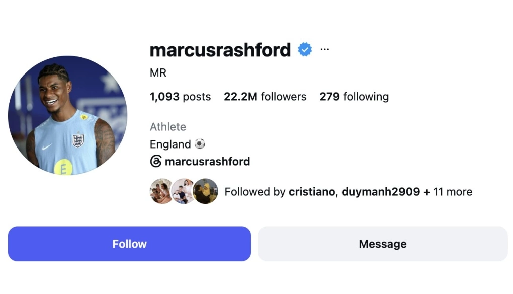 Tài khoản Instagram của Rashford không còn ghi tên đội Barca lẫn Man Utd. Ảnh: chụp màn hình