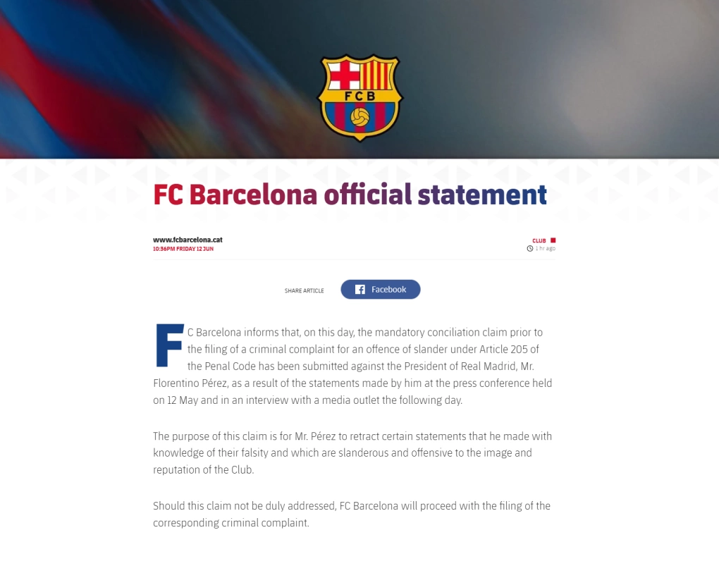 Barca tuyên bố kiện Chủ tịch Real tội vu khống
