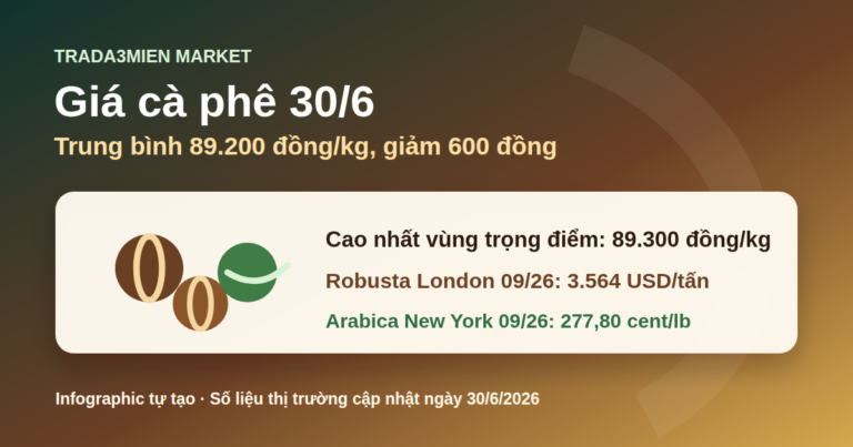 Giá cà phê hôm nay 30/6: Tây Nguyên giảm về quanh 89.200 đồng/kg