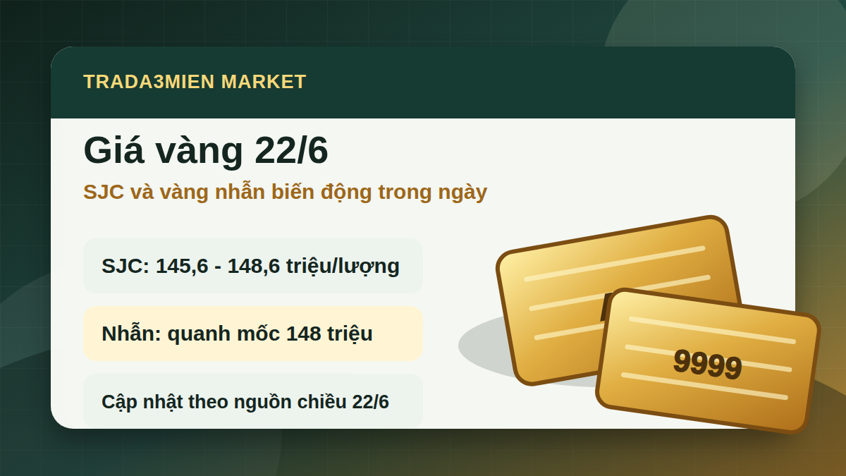 Giá vàng chiều 22/6/2026: SJC và vàng nhẫn cùng trên 148 triệu đồng/lượng