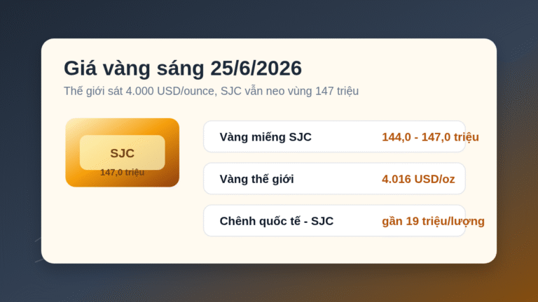 Giá vàng sáng 25/6/2026: SJC quanh 147 triệu, vàng thế giới sát 4.000 USD
