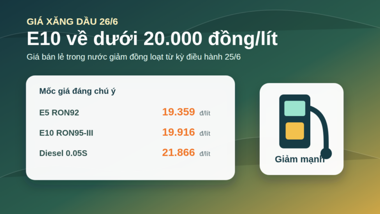 Giá xăng dầu chiều 26/6: E10 dưới 20.000 đồng/lít, diesel giảm mạnh