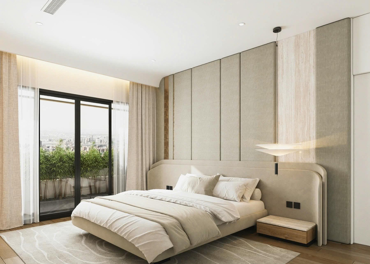 Phòng ngủ của vợ chồng ca sĩ được thiết kế theo phong cách tối giản.