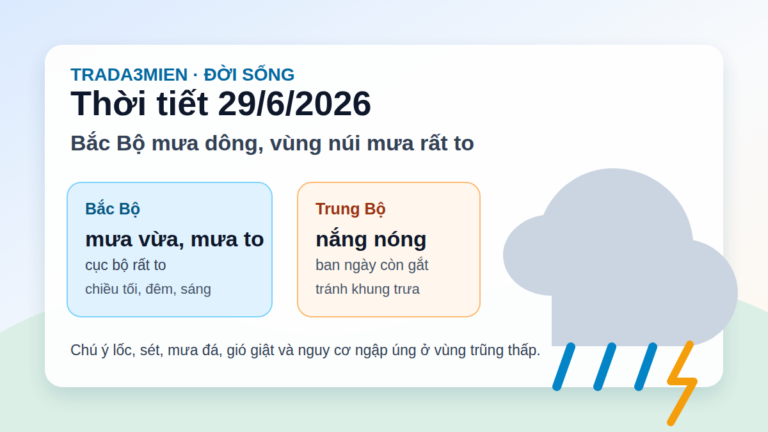 Thời tiết ngày 29/6: Hà Nội và Bắc Bộ mưa dông, vùng núi có nơi mưa rất to