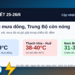 Thời tiết đêm 25 ngày 26/6/2026: Bắc Bộ chuyển mưa dông, Trung Bộ còn nóng trên 40 độ
