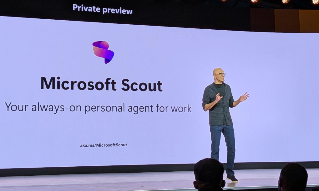 CEO Microsoft Satya Nadella giới thiệu trợ lý AI Scout trên sân khấu Microsoft Build ngày 2/6. Ảnh: TechRadar