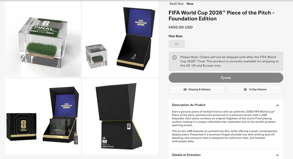 Sản phẩm mảnh cỏ sân MetLife - nơi tổ chức trận chung kết World Cup 2026 đã hết hàng trên cửa hàng trực tuyến của FIFA. Ảnh chụp màn hình