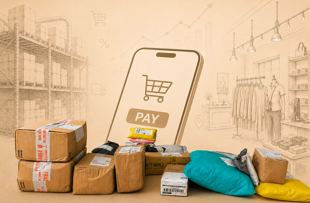 Các kiện hàng mua sắm online chờ khách nhận tại một chung cư ở phường Vĩnh Hội (TP HCM) ngày 7/7, trên nền đồ họa bởi công cụ AI. Ảnh: Viễn Thông