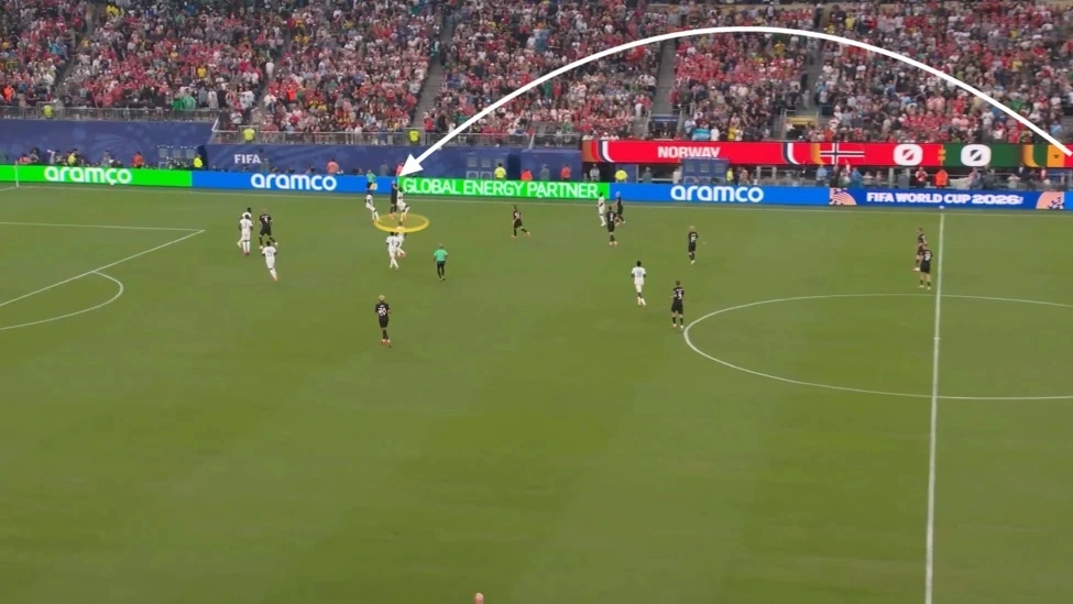 Nyland phất dài cho Sorloth đánh đầu làm tường trong trận Na Uy gặp Senegal ở vòng bảng World Cup 2026 trên sân MetLife, Mỹ ngày 22/6. Ảnh: chụp màn hình