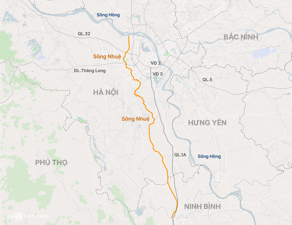 Sông Nhuệ trải dài trên 19 xã phường. Đồ họa: Tâm Thảo