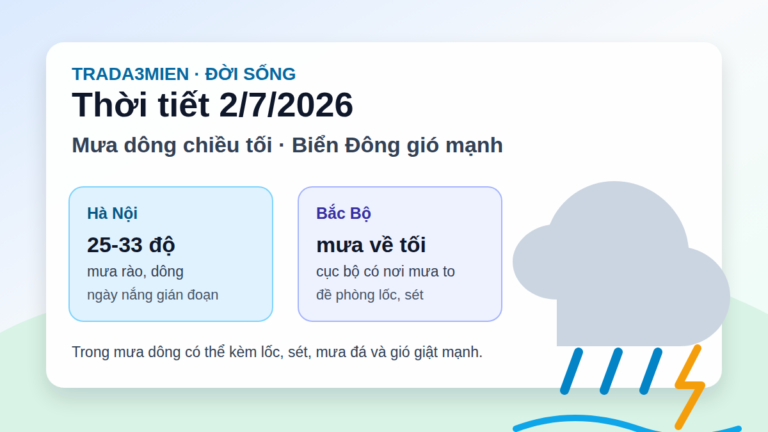 Thời tiết hôm nay 2/7: Bắc Bộ mưa dông chiều tối, Biển Đông gió mạnh