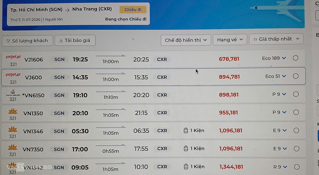 Giá vé TP HCM - Nha Trang ngày 11/7 đã bao gồm thuế và phí. Ảnh: Thi Hà