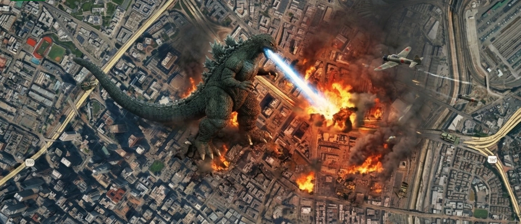 Ảnh quái vật tấn công thành phố Los Angeles được tạo bằng AI trên Google Earth. Ảnh: Business Insider