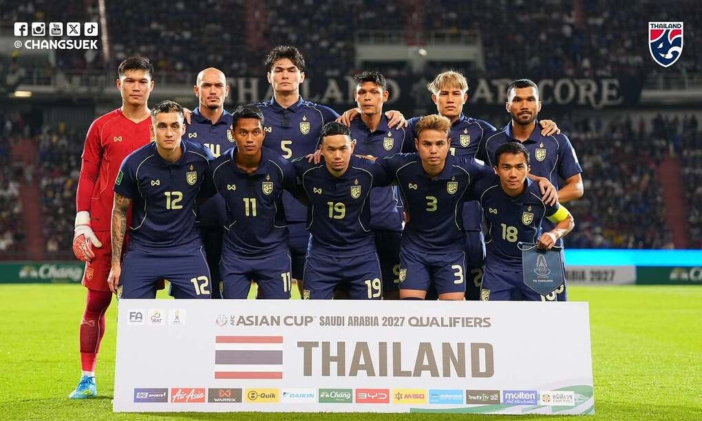 Đội hình xuất phát của Thái Lan trong trận thắng Turkmenistan 2-1 ở lượt cuối vòng loại Asian Cup 2027 trên sân Rajamangala tối 31/3/2026. Ảnh: Changsuek